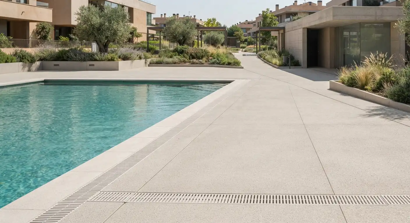 Pavimento para piscina- playa, coronación y accesos antideslizantes